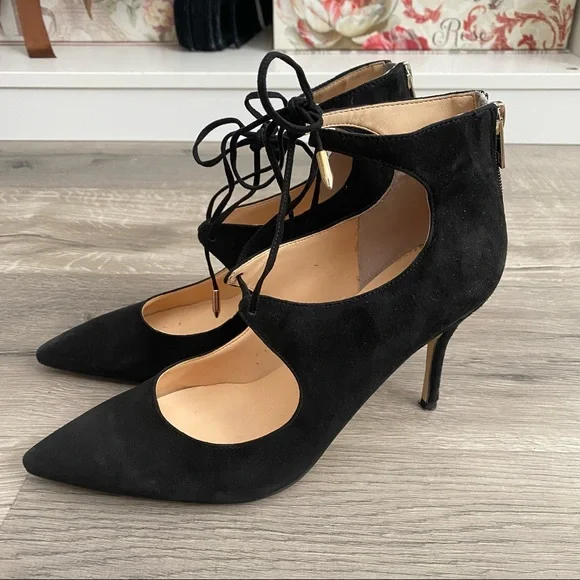 Black suede point toe lace up heels - Picture 7 of 11